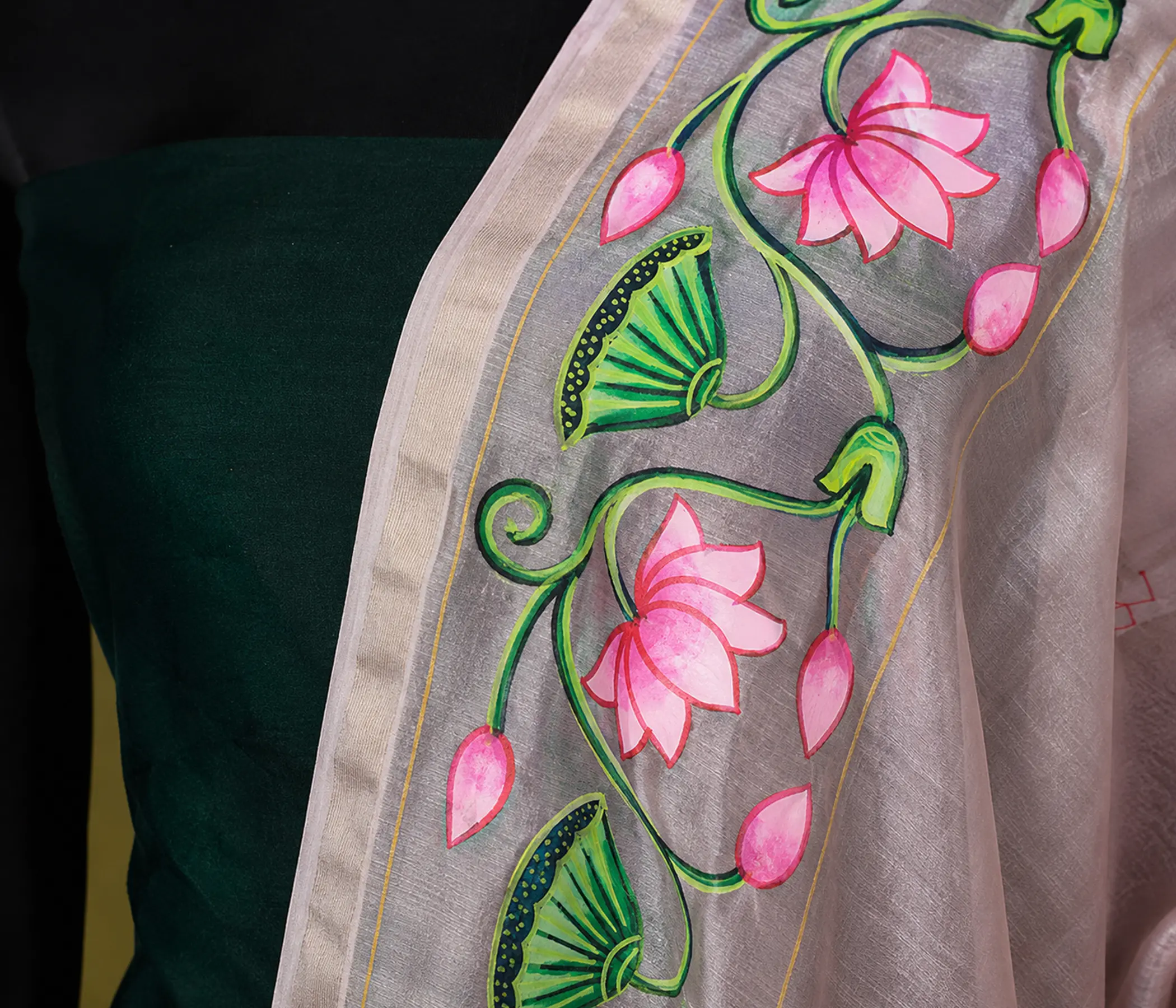 Hand Painted Blush Pink Organza Dupatta with Lotus Floral Vine Art